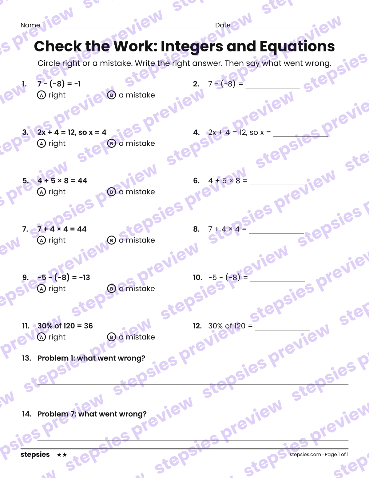 Check the Work: Integers and Equations: page 1 of a printable Grades 6–8 Math worksheet