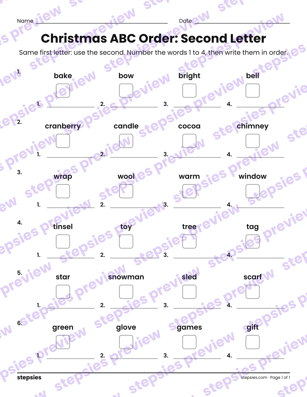 Christmas ABC Order: Second Letter: page 1 of a printable Grades 1 and 2 Language worksheet