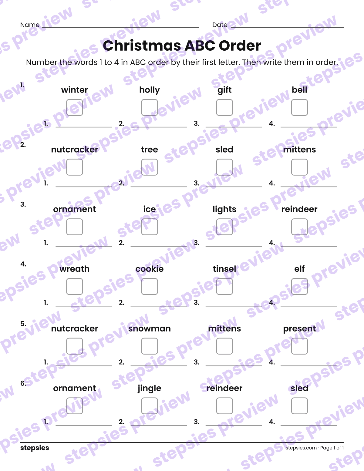 Christmas ABC Order: page 1 of a printable Grades 1 and 2 Language worksheet