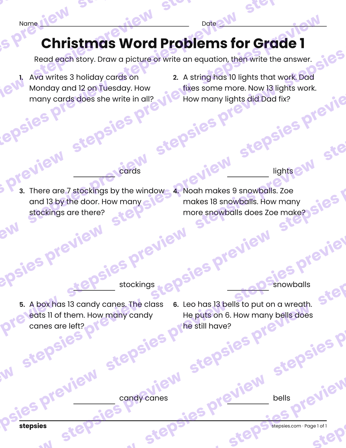 Christmas Word Problems for Grade 1: page 1 of a printable Grade 1 Math worksheet