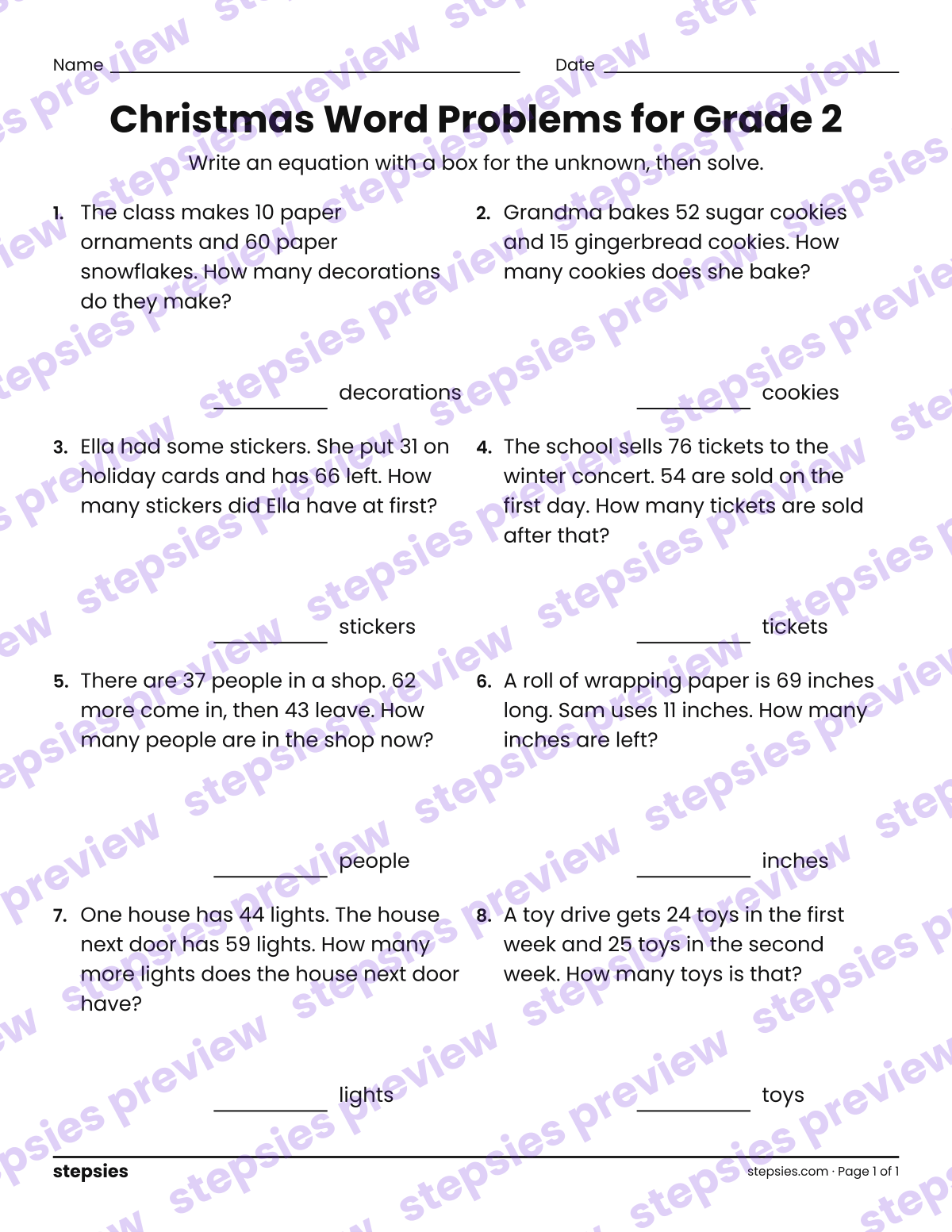 Christmas Word Problems for Grade 2: page 1 of a printable Grade 2 Math worksheet
