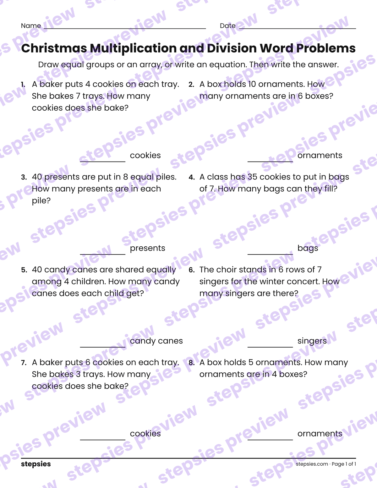 Christmas Multiplication and Division Word Problems: page 1 of a printable Grade 3 Math worksheet