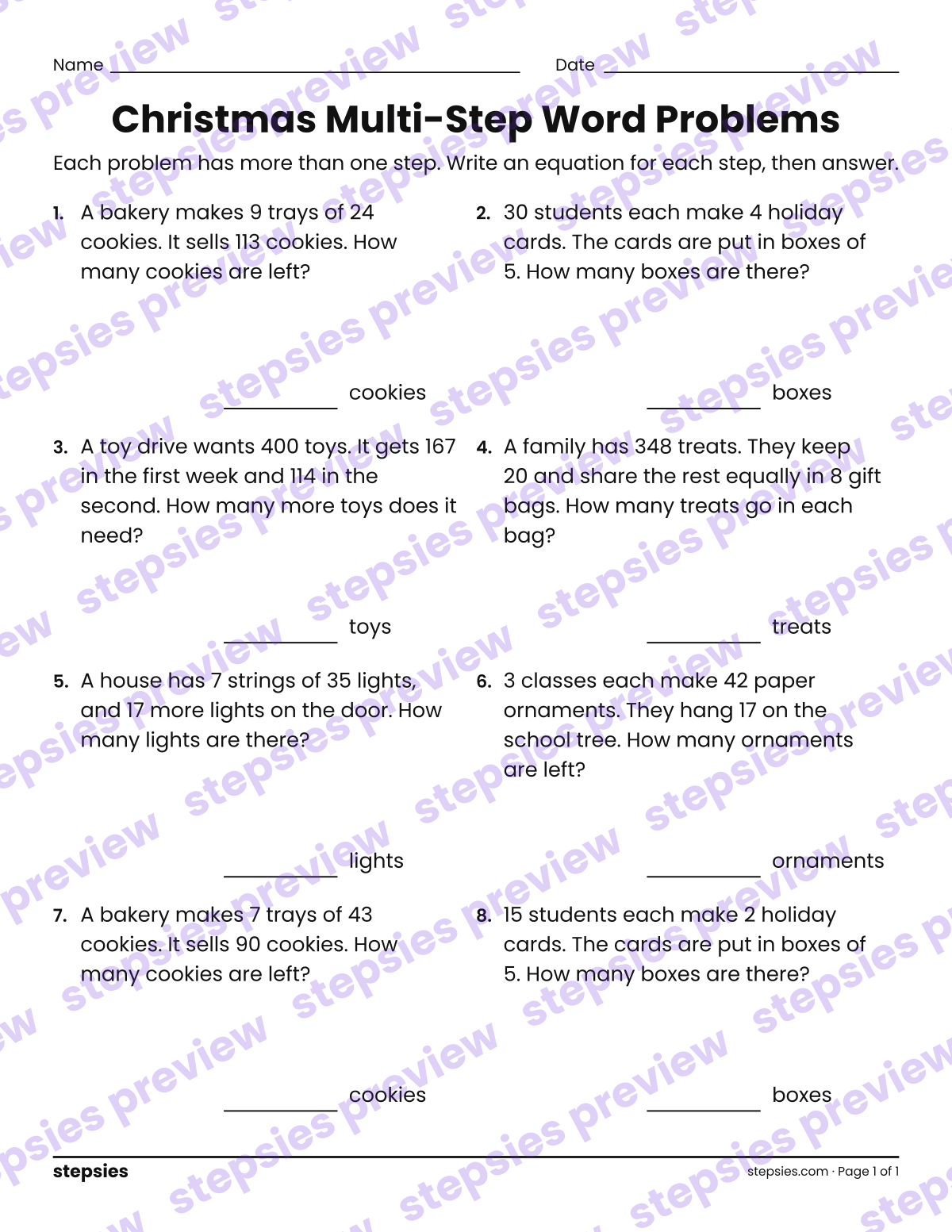 Christmas Multi-Step Word Problems: page 1 of a printable Grade 4 Math worksheet