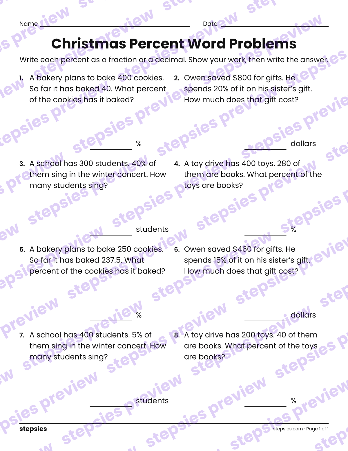 Christmas Percent Word Problems: page 1 of a printable Grade 6 Math worksheet