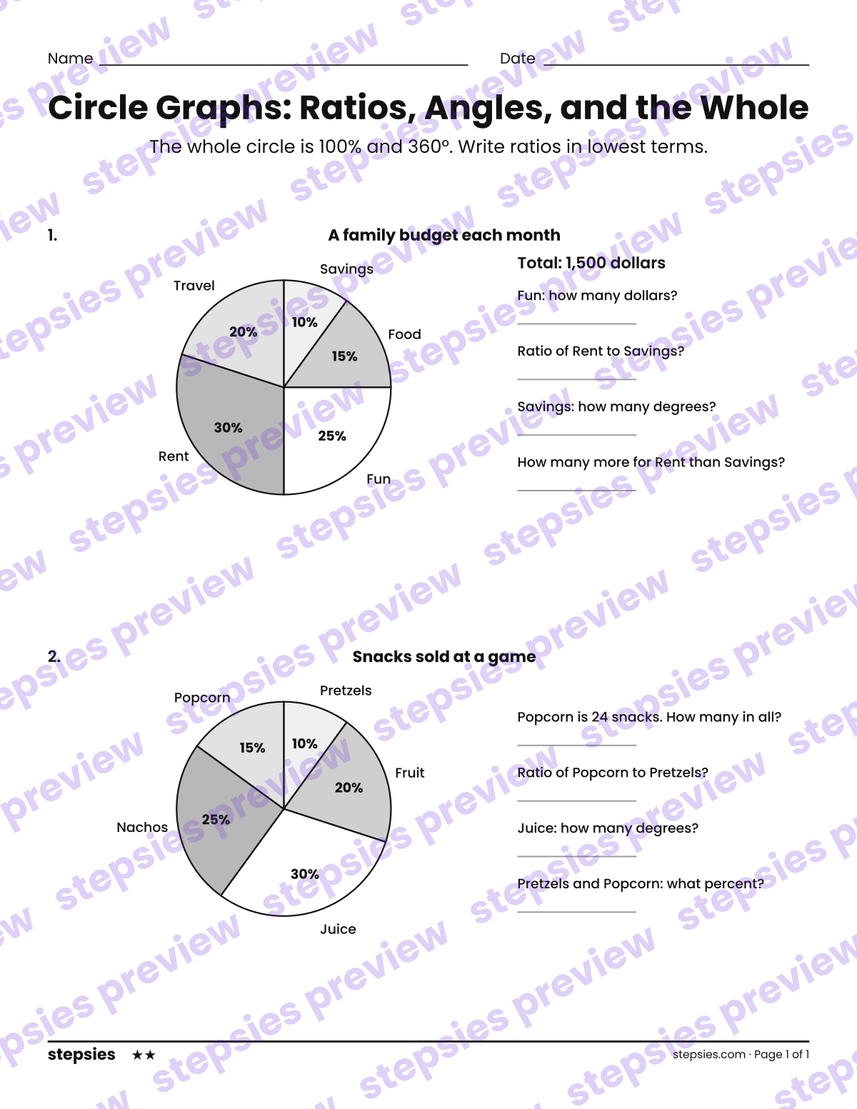 Circle Graphs: Ratios, Angles, and the Whole: page 1 of a printable Grade 7 Math worksheet