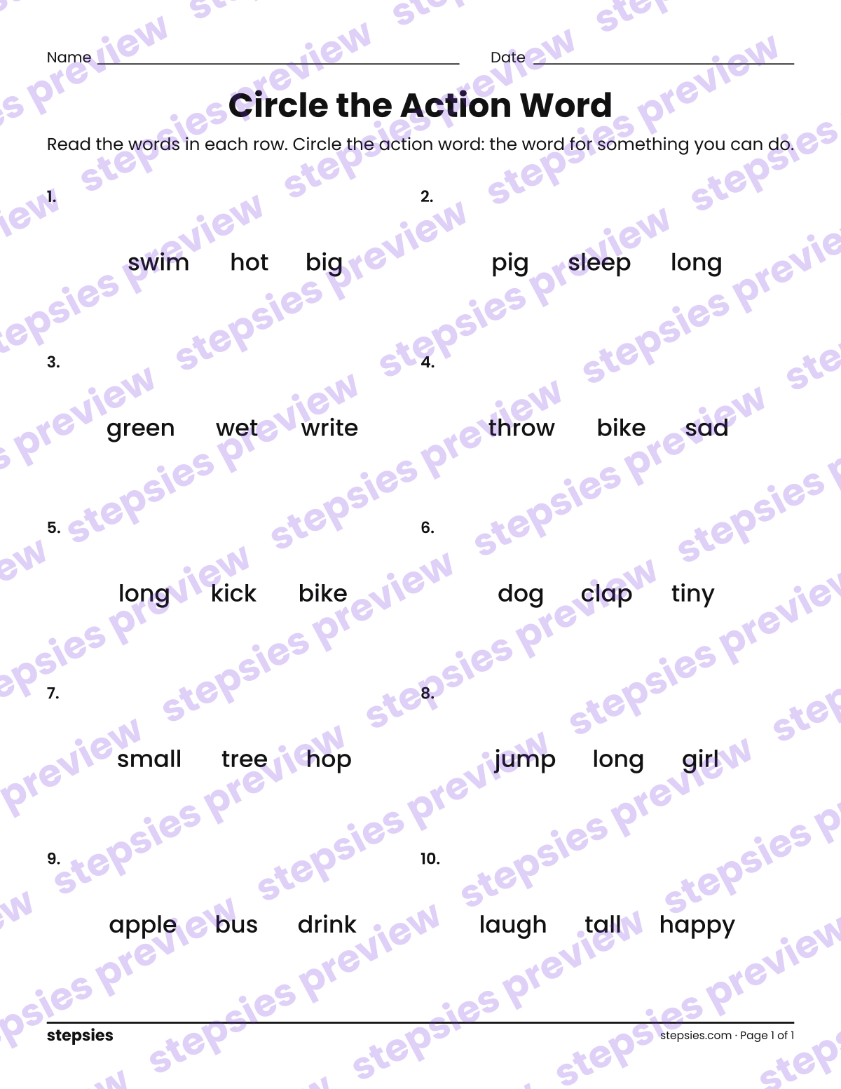 Circle the Action Word: page 1 of a printable Kindergarten Language worksheet