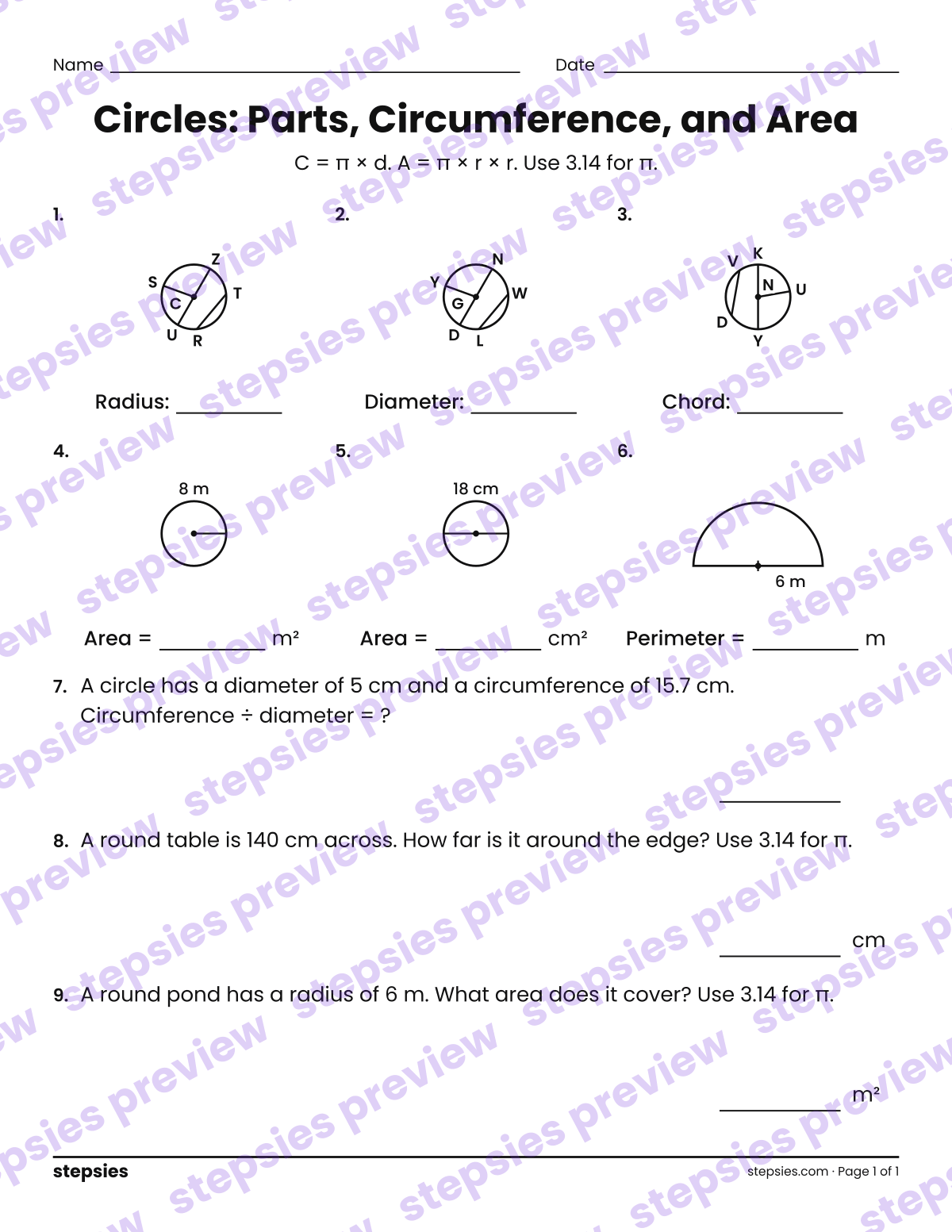 Circles: Parts, Circumference, and Area: page 1 of a printable Grades 6 and 7 Math worksheet