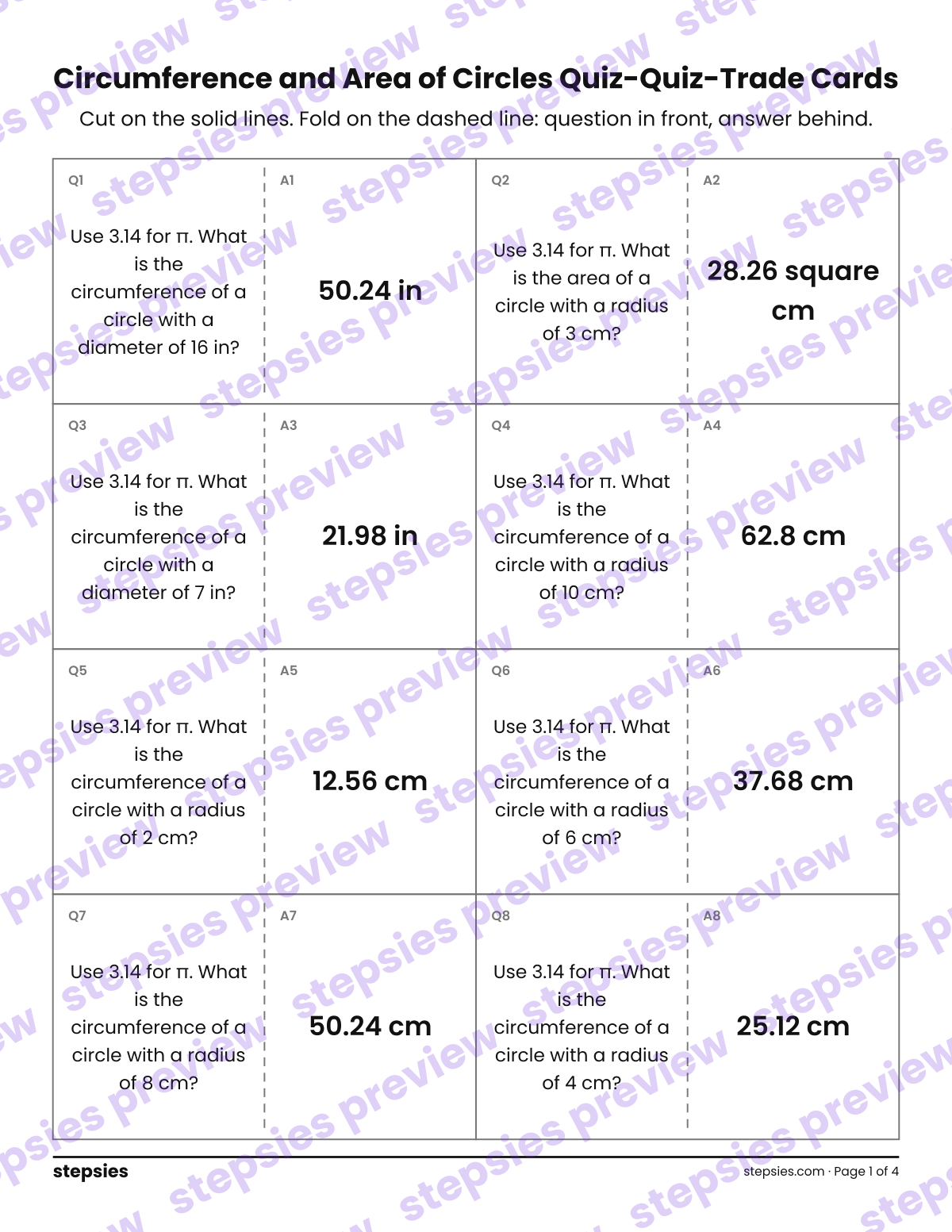 Circumference and Area of Circles: Quiz-Quiz-Trade Cards: page 1 of a printable Grade 7 Math worksheet