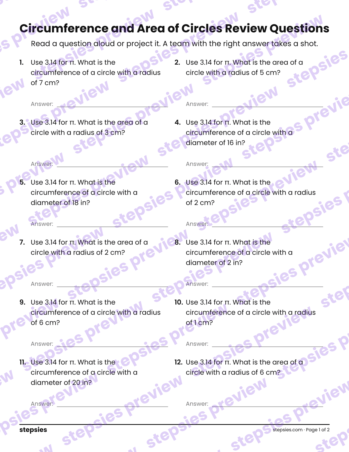 Circumference and Area of Circles: Trashketball Review Questions: page 1 of a printable Grade 7 Math worksheet