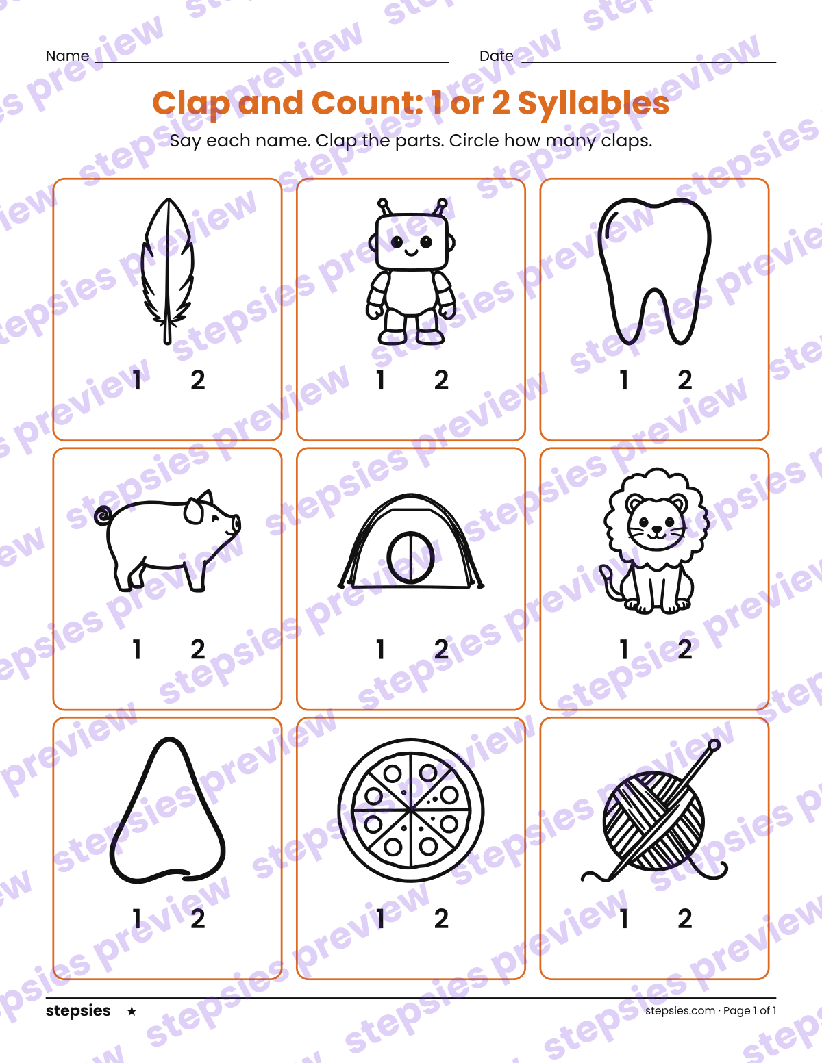 Clap and Count: 1 or 2 Syllables: page 1 of a printable Kindergarten and Grade 1 Language worksheet