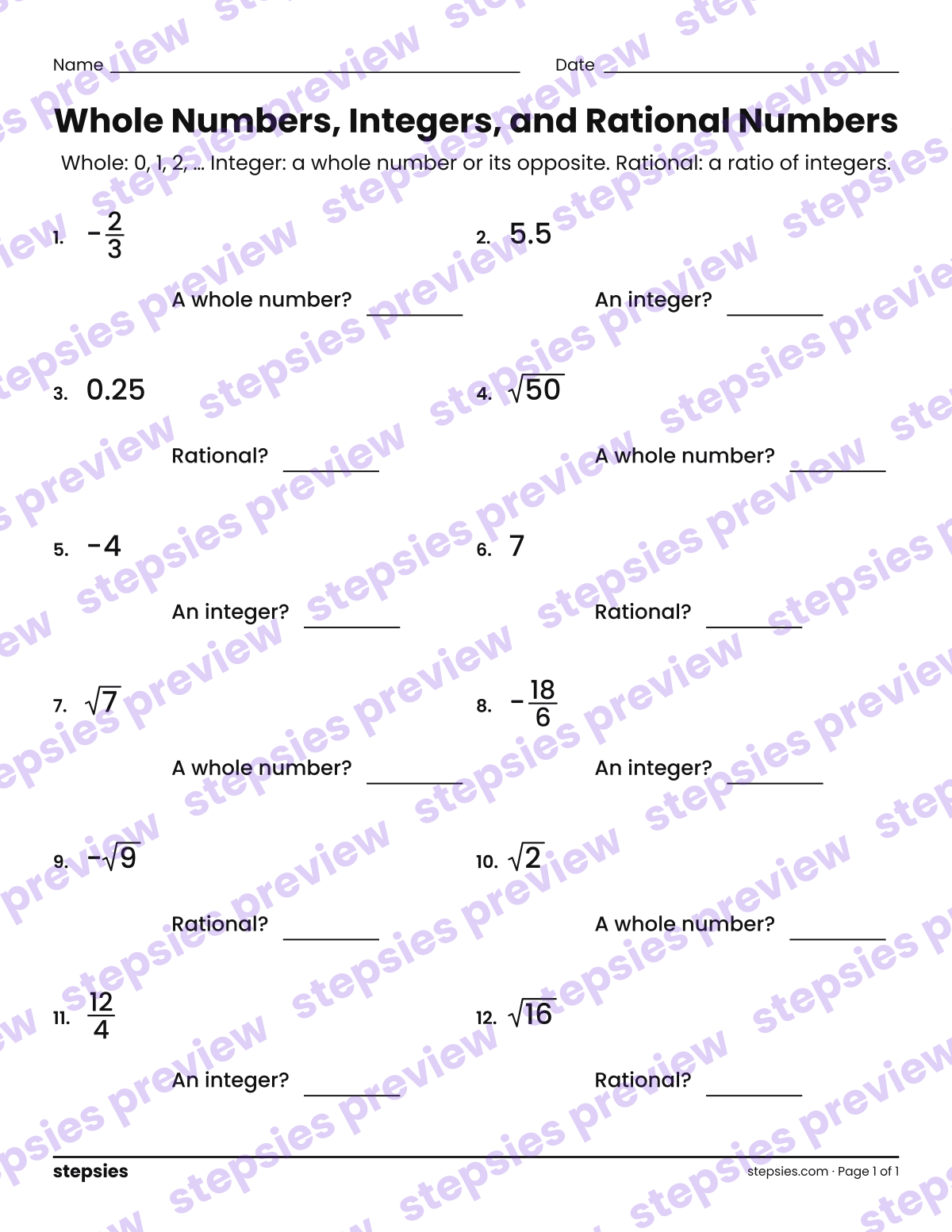 Whole Numbers, Integers, and Rational Numbers: page 1 of a printable Grades 6–8 Math worksheet