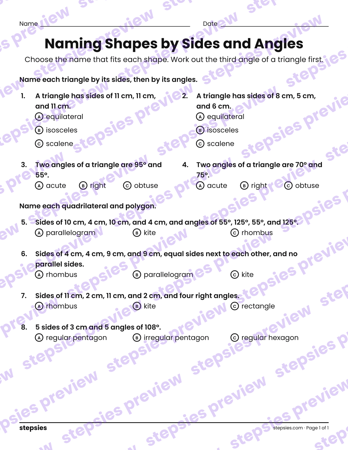 Naming Shapes by Sides and Angles: page 1 of a printable Grade 7 Math worksheet