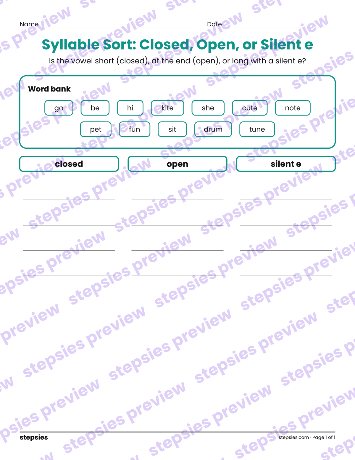 Syllable Sort: Closed, Open, or Silent e: page 1 of a printable Grades 2 and 3 Language worksheet