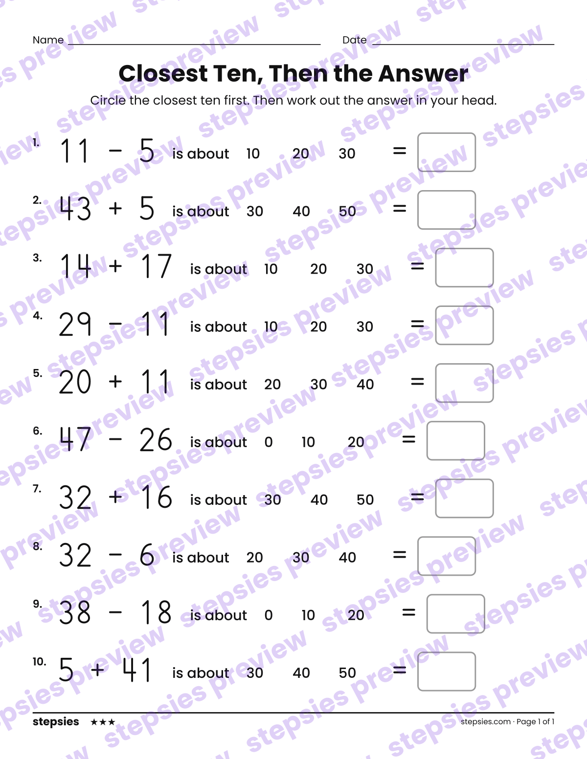 Closest Ten, Then the Answer: page 1 of a printable Grade 2 Math worksheet
