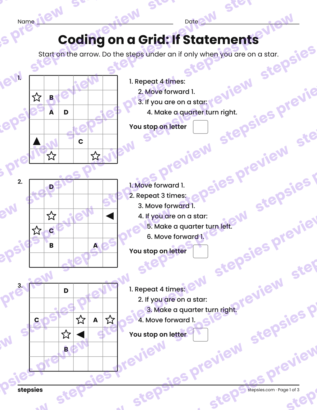 Coding on a Grid: If Statements: page 1 of a printable Grades 5 and 6 Math worksheet
