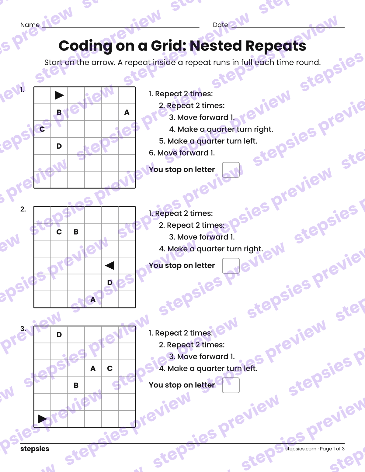 Coding on a Grid: Nested Repeats: page 1 of a printable Grade 4 Math worksheet