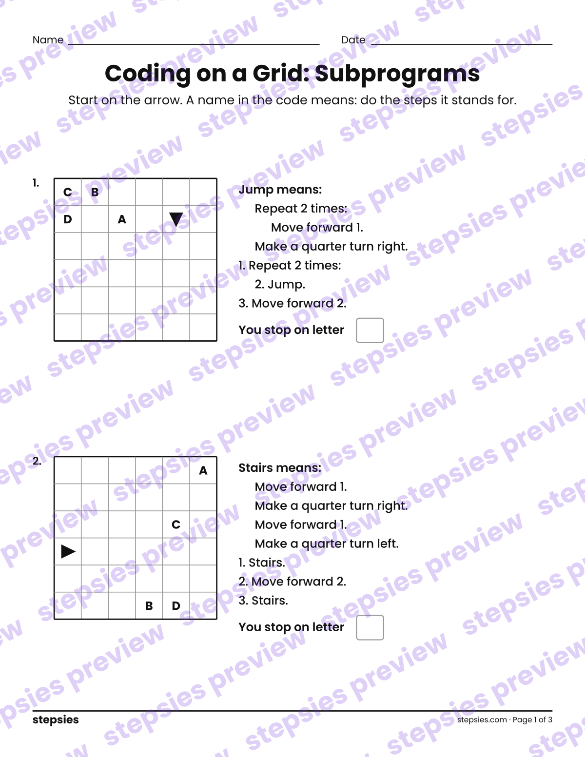 Coding on a Grid: Subprograms: page 1 of a printable Grade 7 Math worksheet