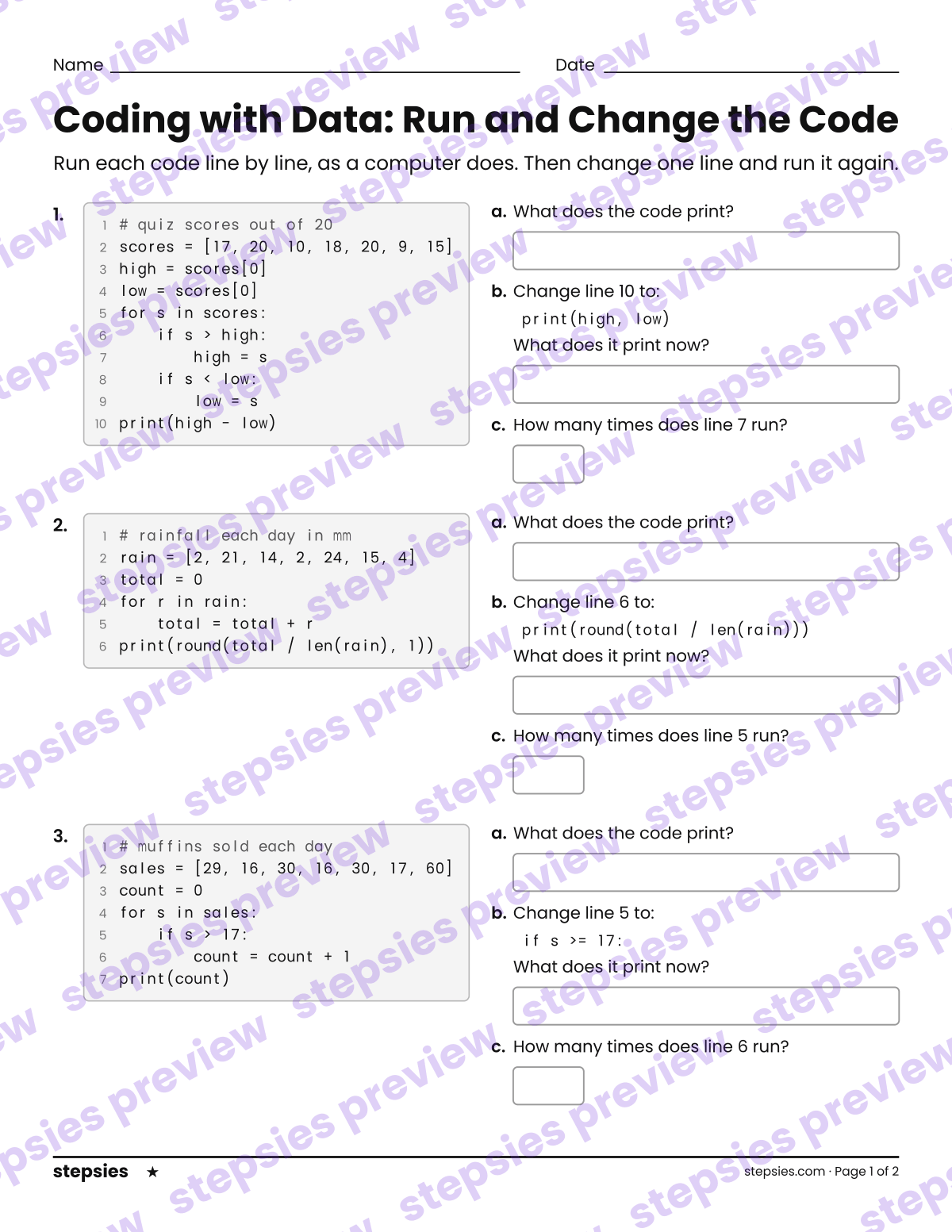 Coding with Data: Run and Change the Code: page 1 of a printable Grade 8 Math worksheet