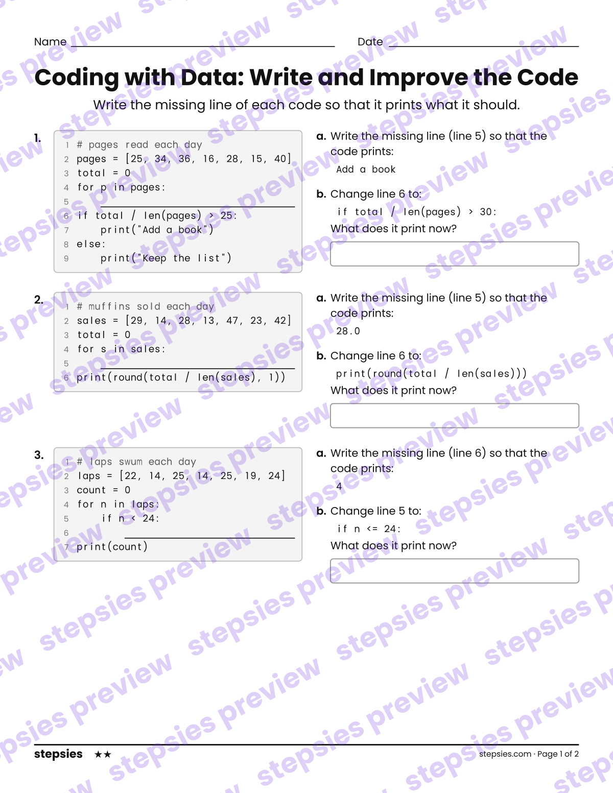 Coding with Data: Write and Improve the Code: page 1 of a printable Grade 8 Math worksheet