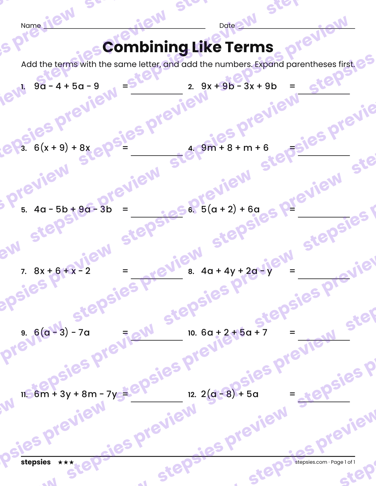 Combining Like Terms: page 1 of a printable Grades 6 and 7 Math worksheet
