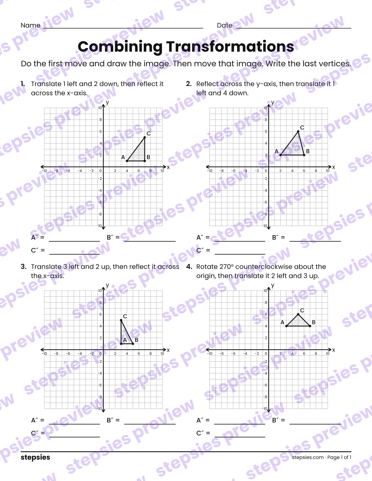 Combining Transformations: page 1 of a printable Grades 6 and 8 Math worksheet