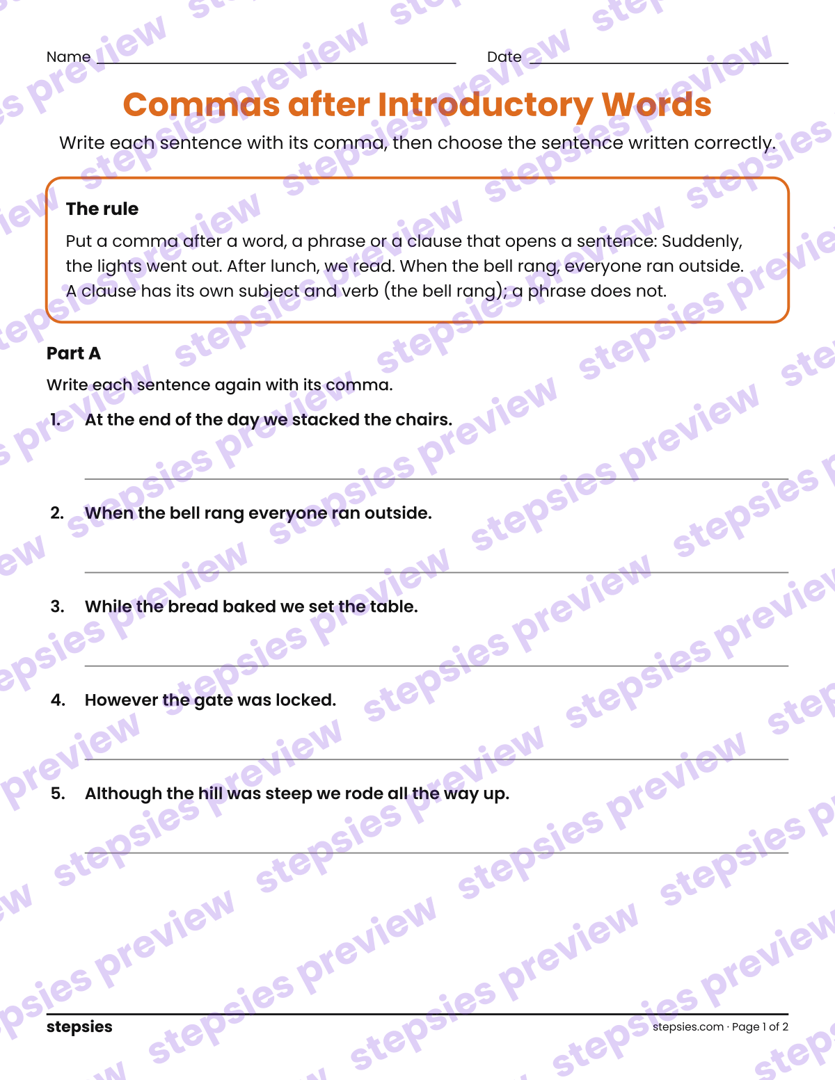 Commas after Introductory Words: page 1 of a printable Grade 5 Language worksheet