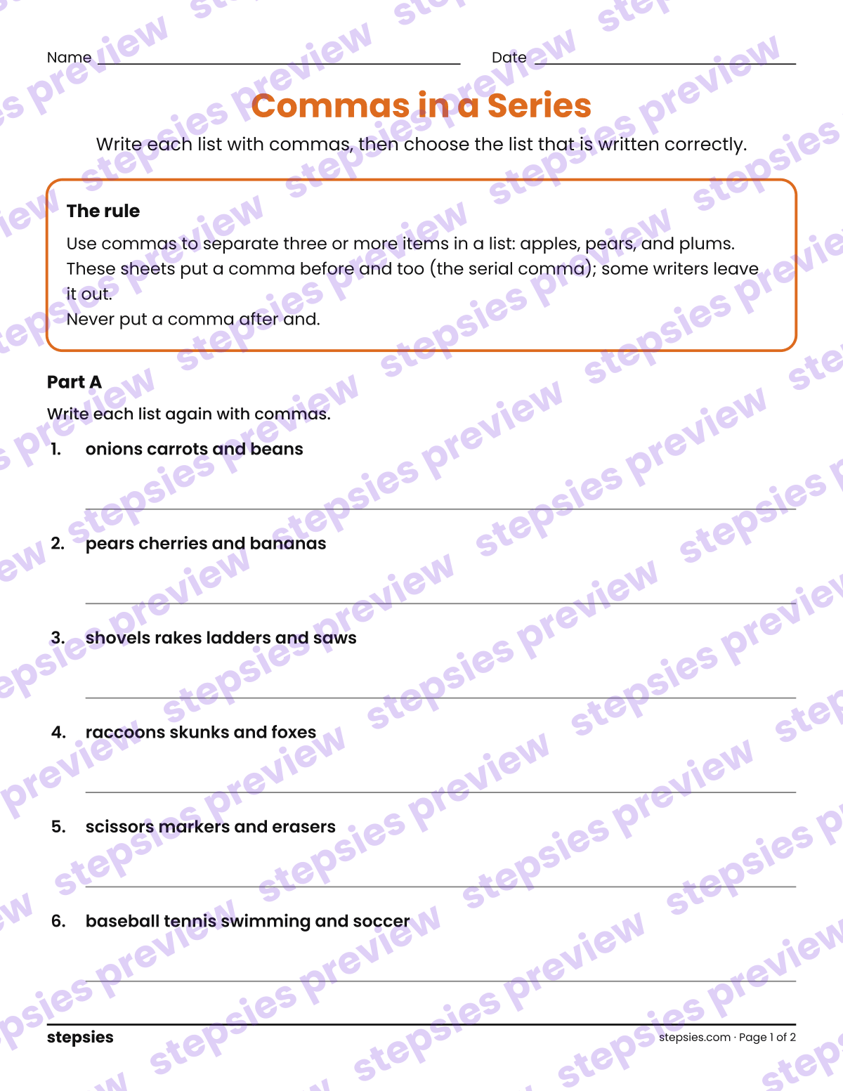 Commas in a Series: page 1 of a printable Grades 4 and 5 Language worksheet
