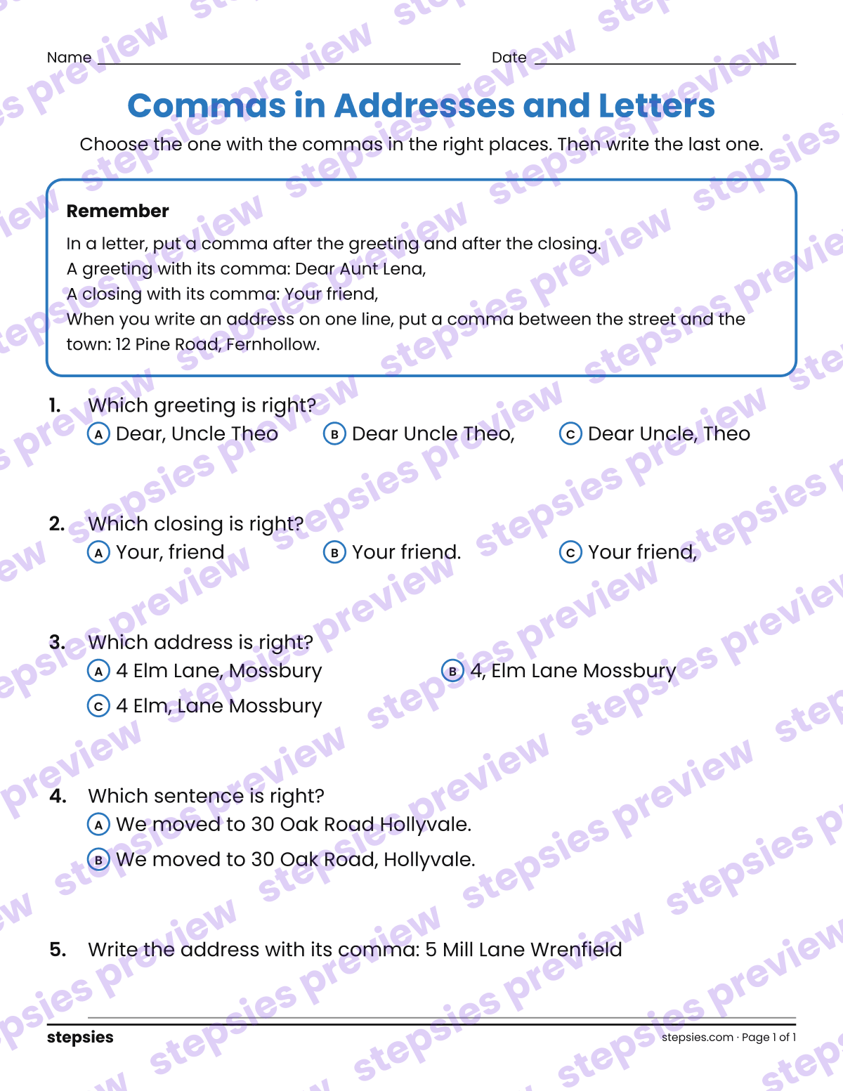 Commas in Addresses and Letters: page 1 of a printable Grades 2 and 3 Language worksheet
