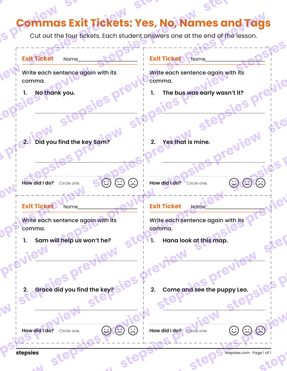 Commas Exit Tickets: Yes, No, Names and Tags: page 1 of a printable Grades 4 and 5 Language worksheet