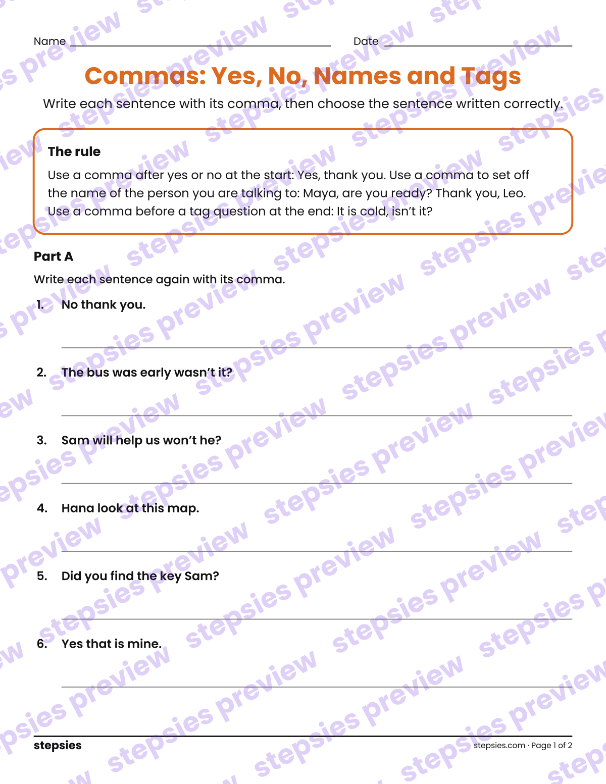 Commas: Yes, No, Names and Tags: page 1 of a printable Grades 4 and 5 Language worksheet
