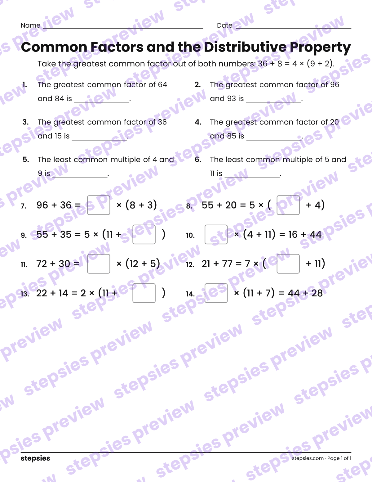 Common Factors and the Distributive Property: page 1 of a printable Grade 6 Math worksheet