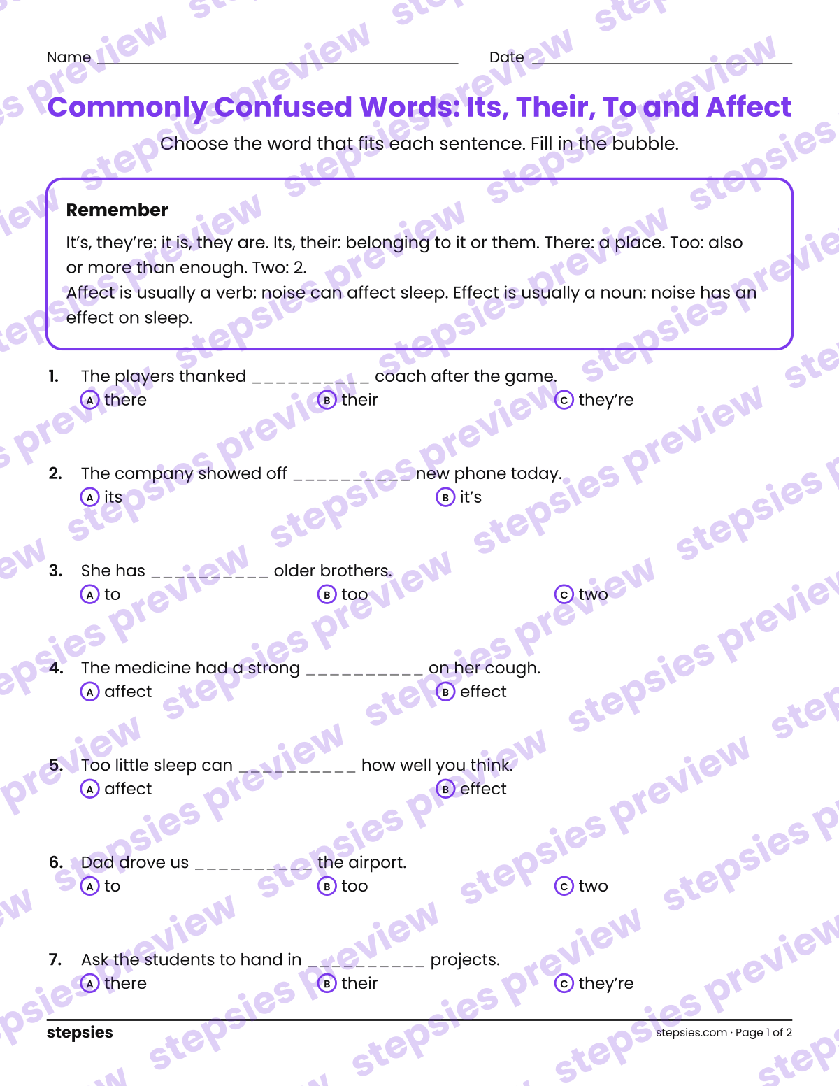 Commonly Confused Words: Its, Their, To and Affect: page 1 of a printable Grades 6 and 7 Language worksheet