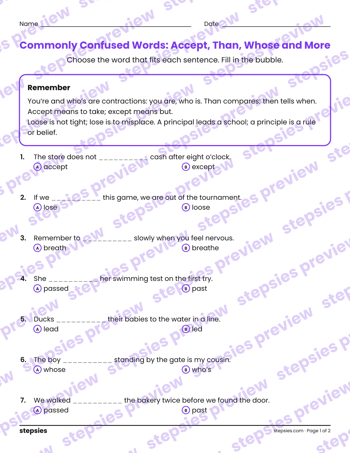 Commonly Confused Words: Accept, Than, Whose and More: page 1 of a printable Grades 7 and 8 Language worksheet