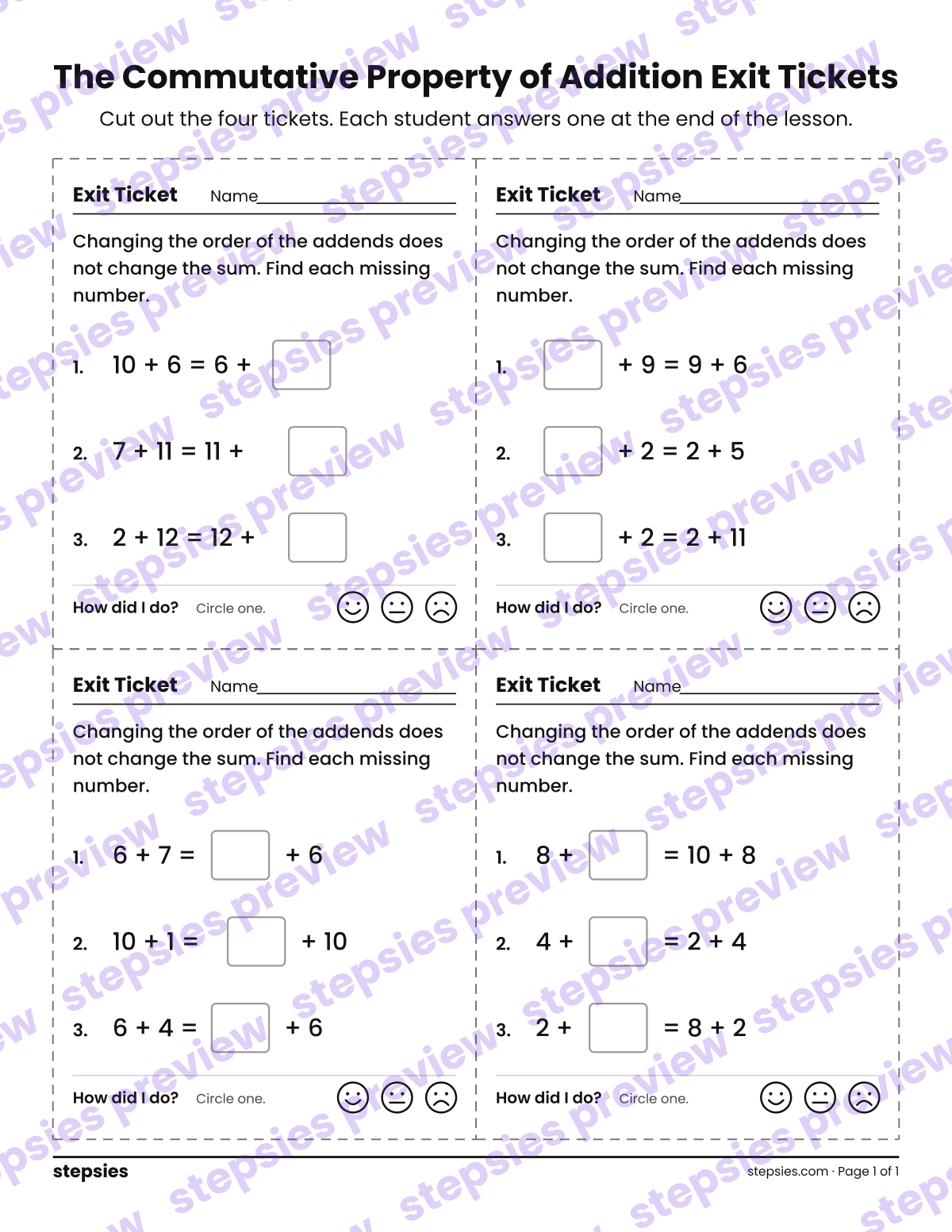 The Commutative Property of Addition Exit Tickets: page 1 of a printable Grade 1 Math worksheet
