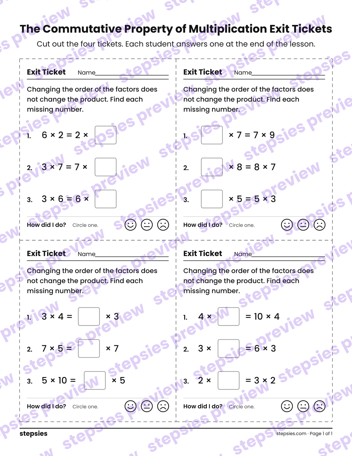The Commutative Property of Multiplication Exit Tickets: page 1 of a printable Grade 3 Math worksheet