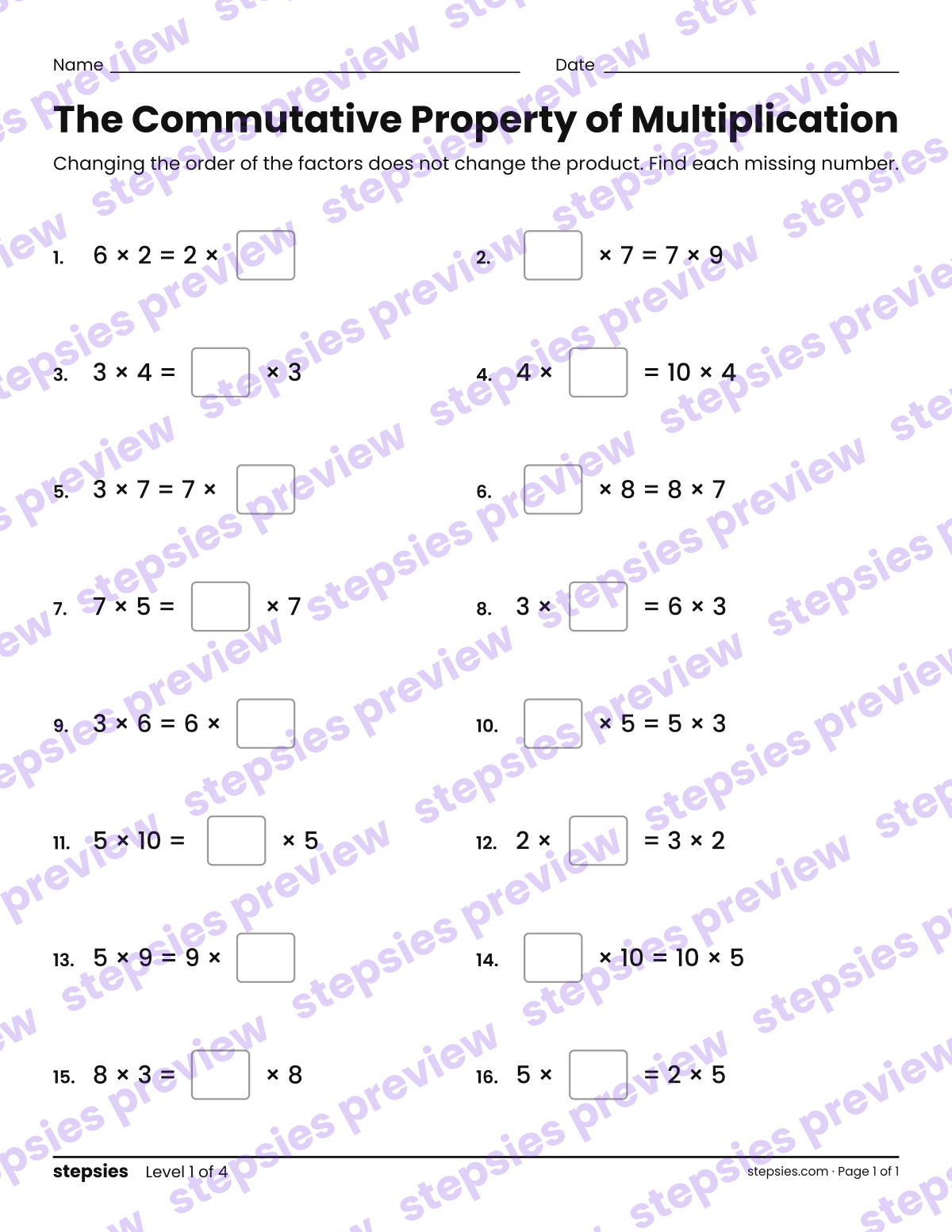 The Commutative Property of Multiplication: page 1 of a printable Grade 3 Math worksheet