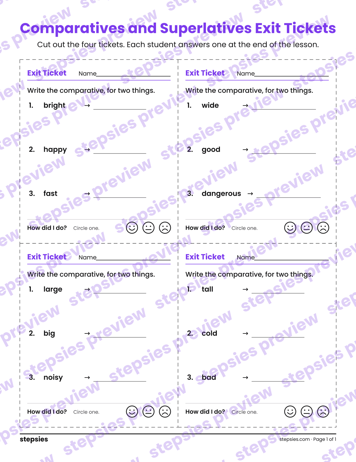 Comparatives and Superlatives Exit Tickets: page 1 of a printable Grades 4 and 5 Language worksheet