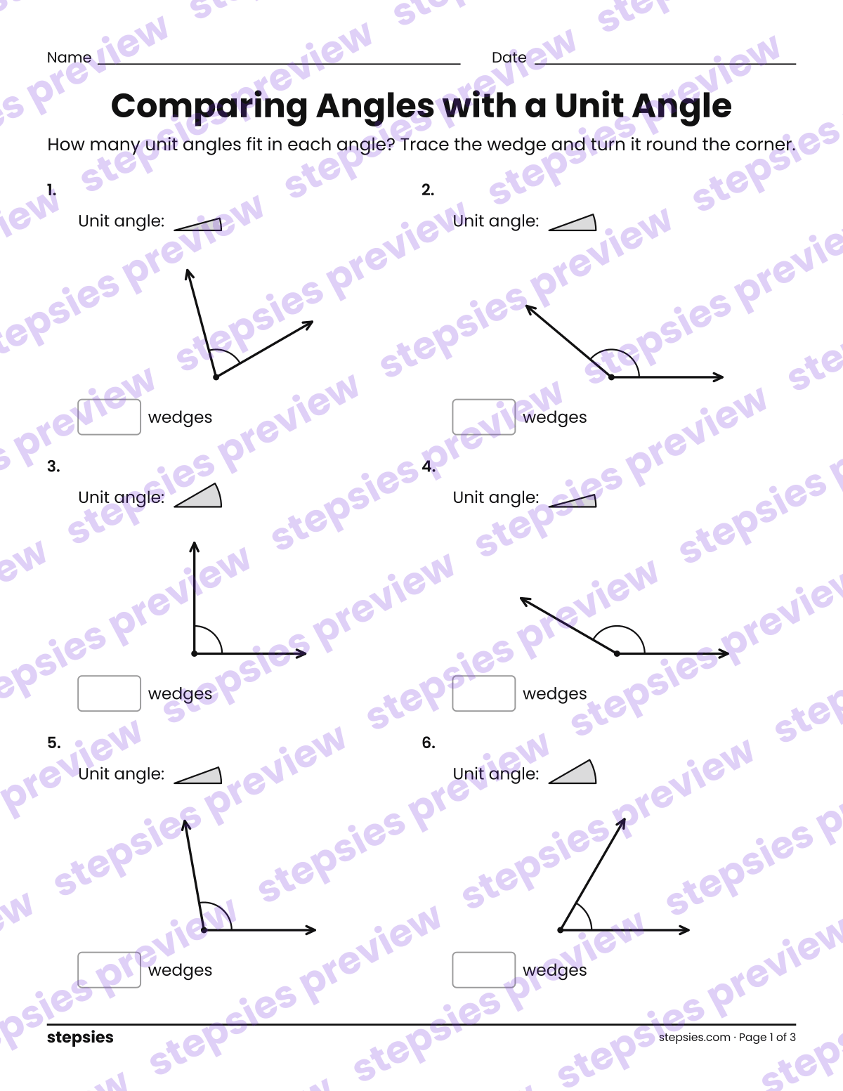 Comparing Angles with a Unit Angle: page 1 of a printable Grade 5 Math worksheet