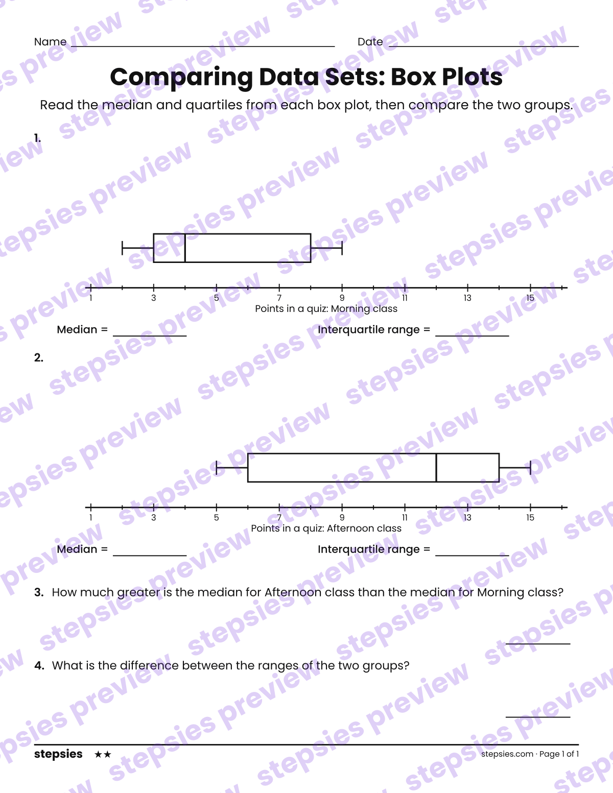 Comparing Data Sets: Box Plots: page 1 of a printable Grade 7 Math worksheet