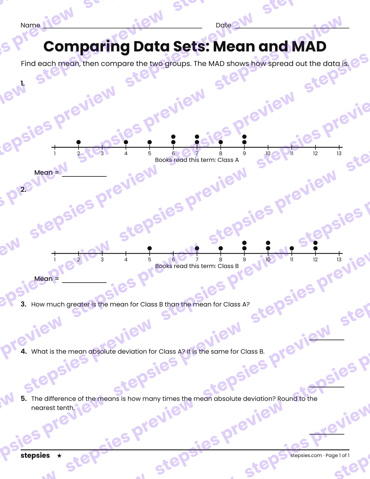 Comparing Data Sets: Mean and MAD: page 1 of a printable Grade 7 Math worksheet