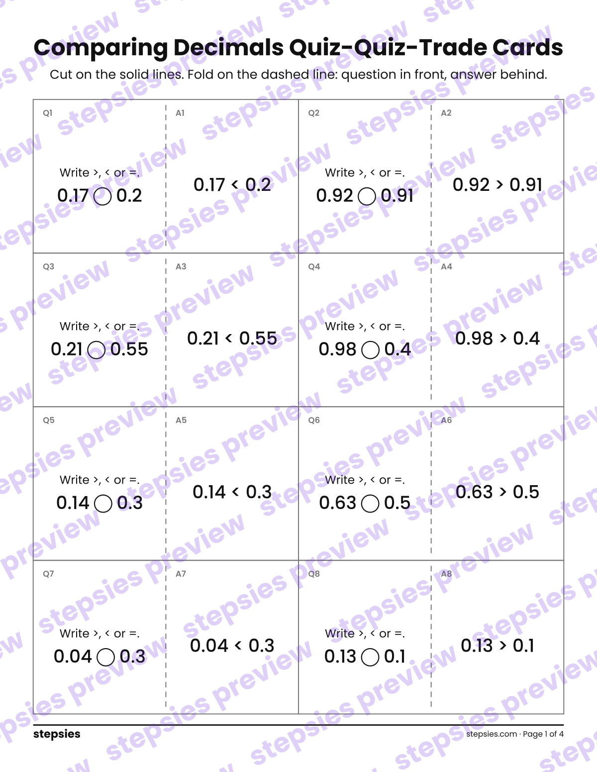 Comparing Decimals: Quiz-Quiz-Trade Cards: page 1 of a printable Grade 4 Math worksheet