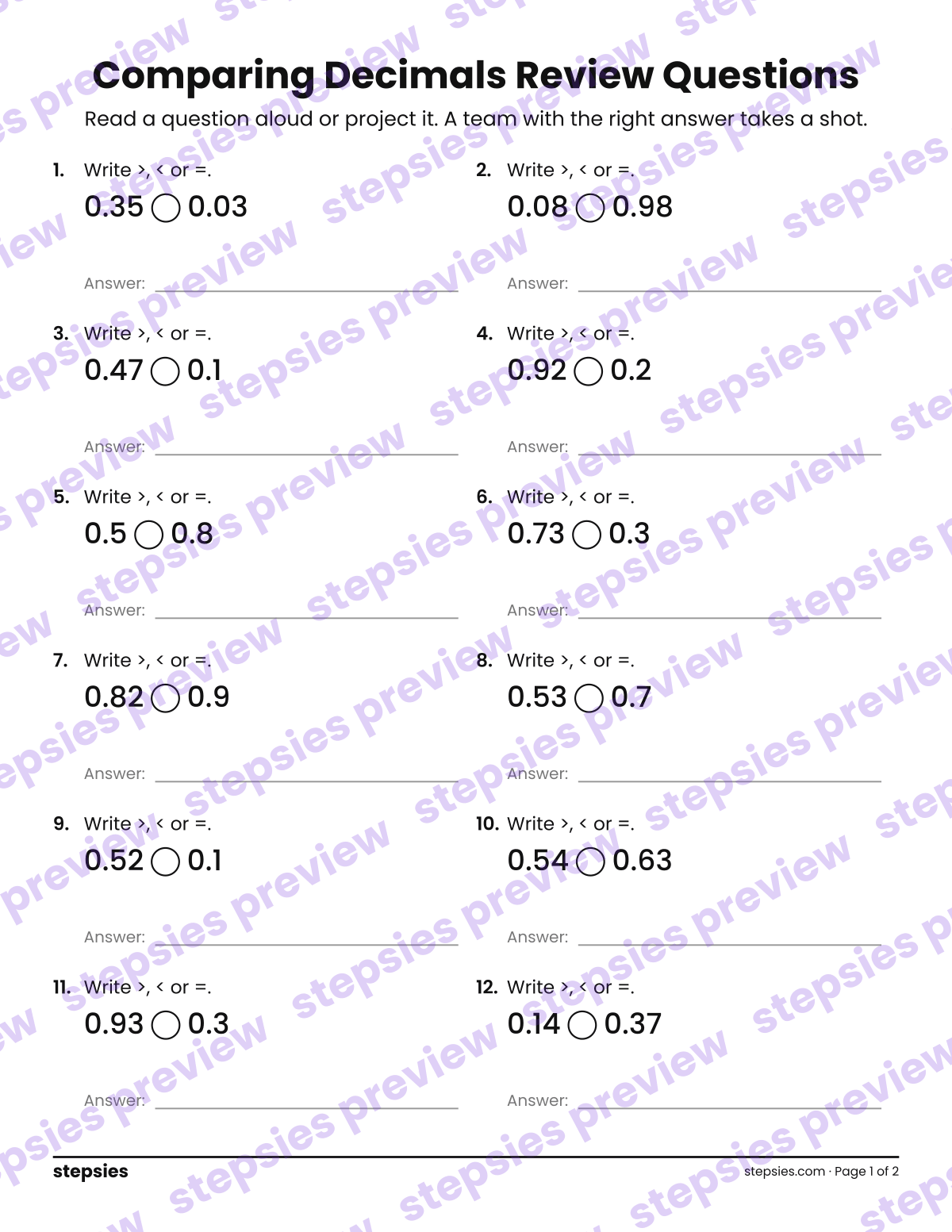 Comparing Decimals: Trashketball Review Questions: page 1 of a printable Grade 4 Math worksheet