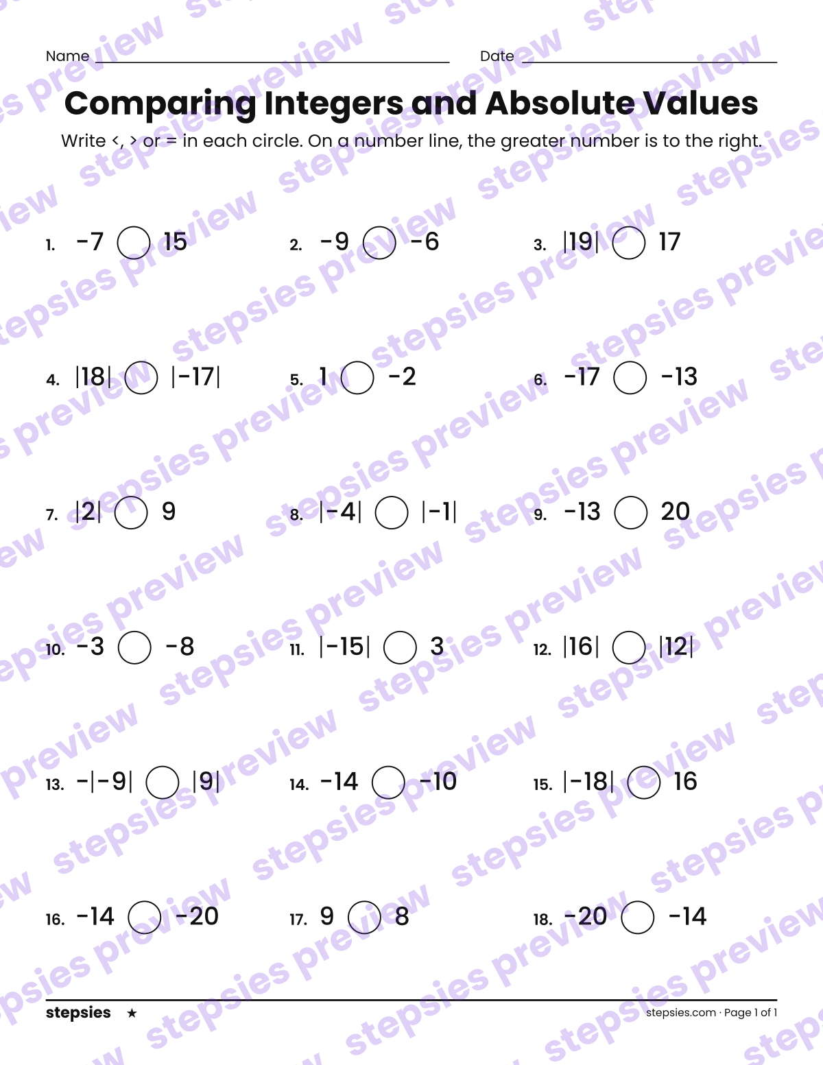 Comparing Integers and Absolute Values: page 1 of a printable Grade 6 Math worksheet