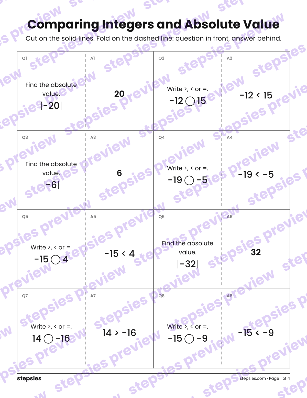 Comparing Integers and Absolute Value: Quiz-Quiz-Trade Cards: page 1 of a printable Grade 6 Math worksheet