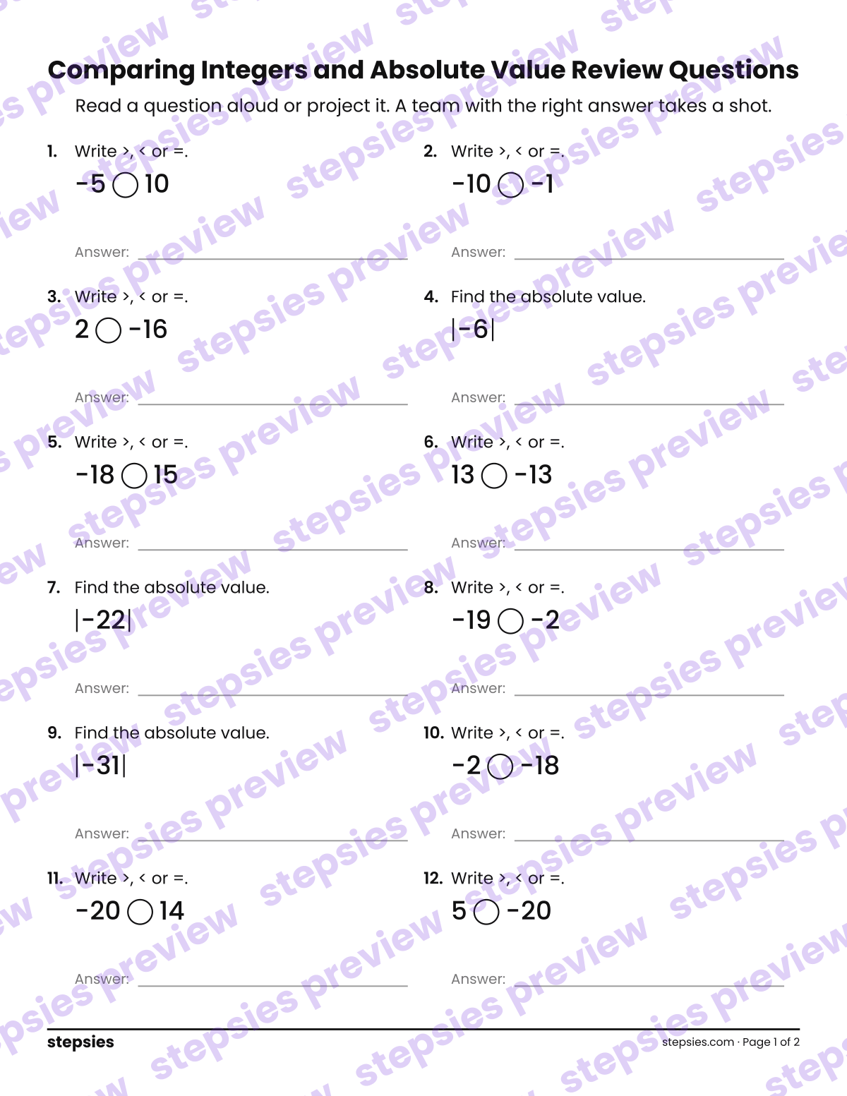 Comparing Integers and Absolute Value: Trashketball Review Questions: page 1 of a printable Grade 6 Math worksheet