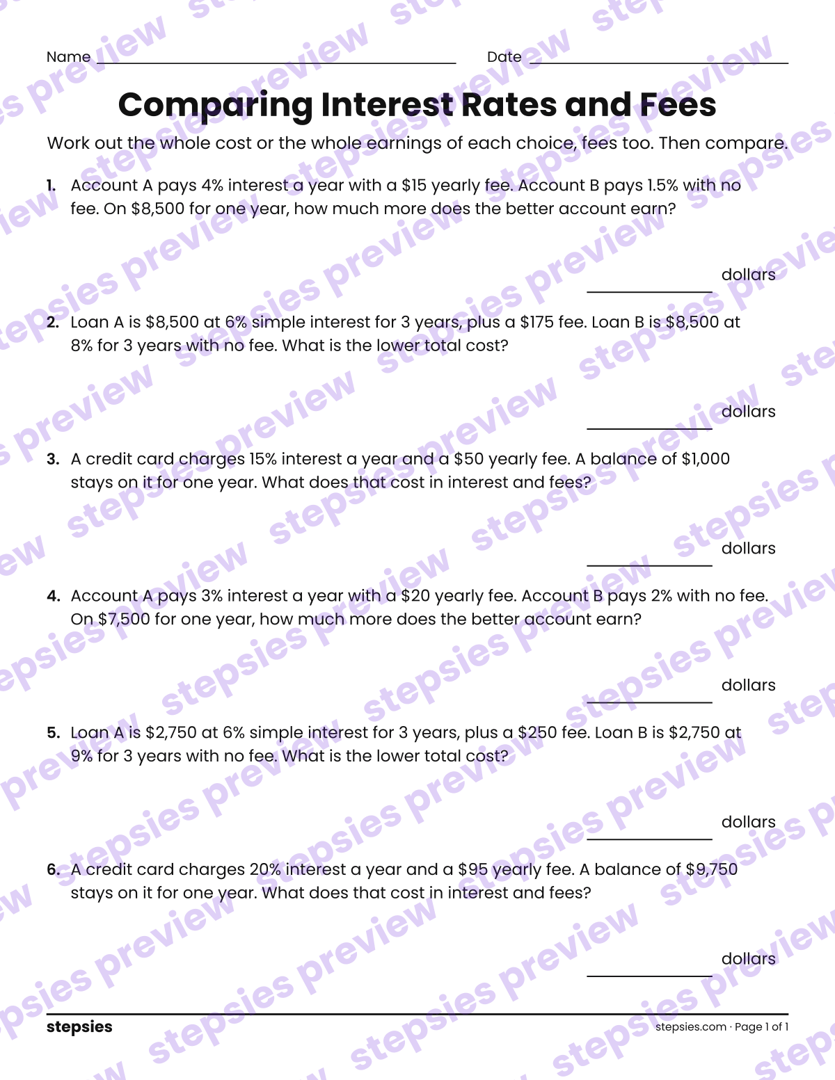 Comparing Interest Rates and Fees: page 1 of a printable Grades 7 and 8 Math worksheet