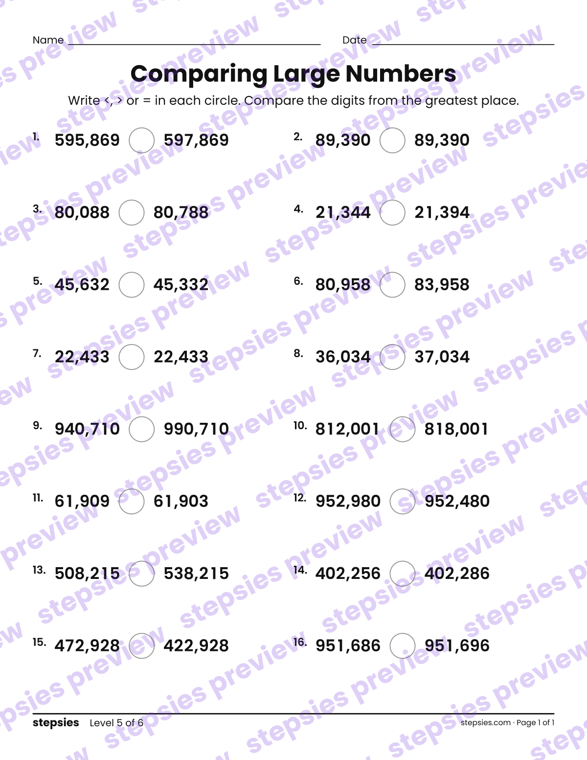 Comparing Large Numbers: page 1 of a printable Grades 4 and 5 Math worksheet