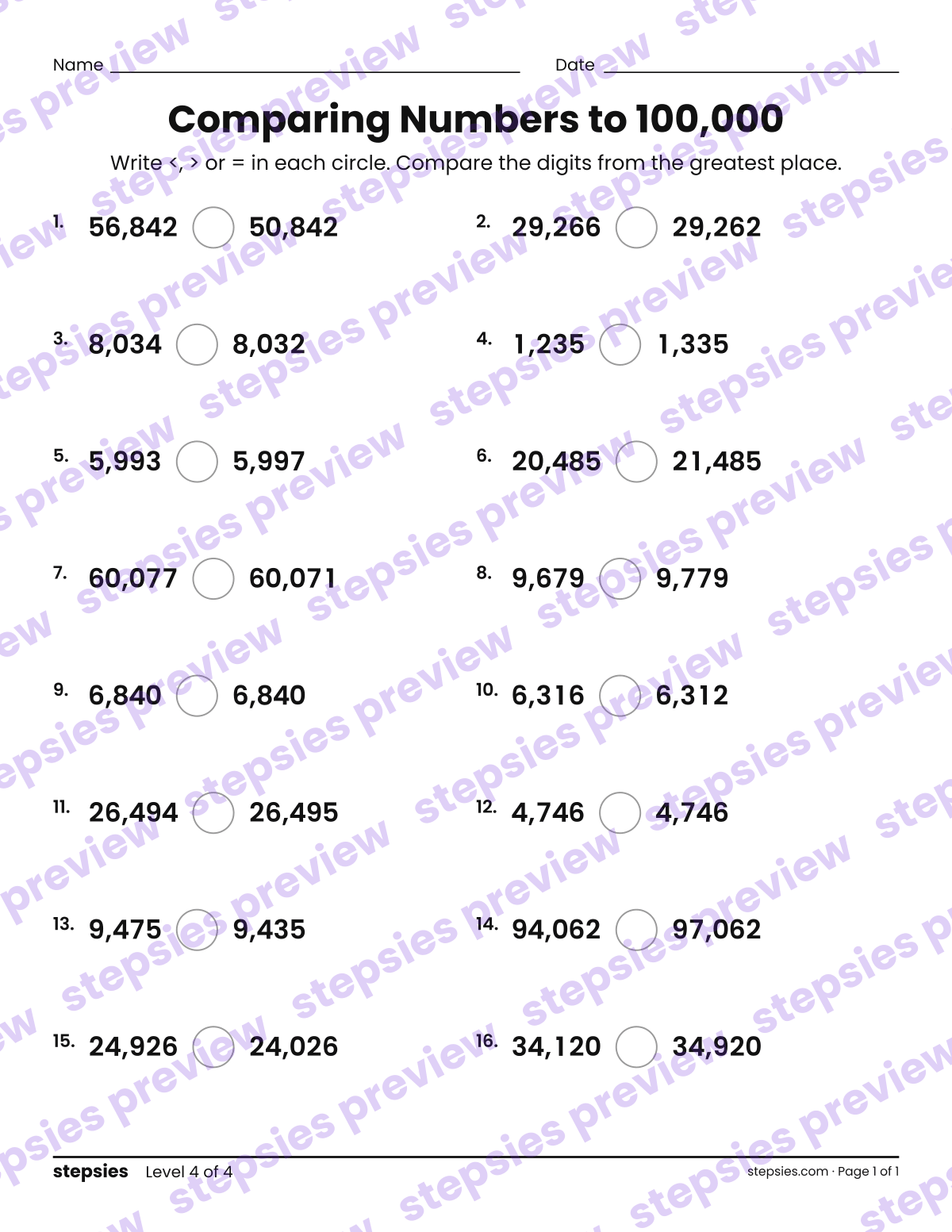 Comparing Numbers to 100,000: page 1 of a printable Grades 3 and 5 Math worksheet