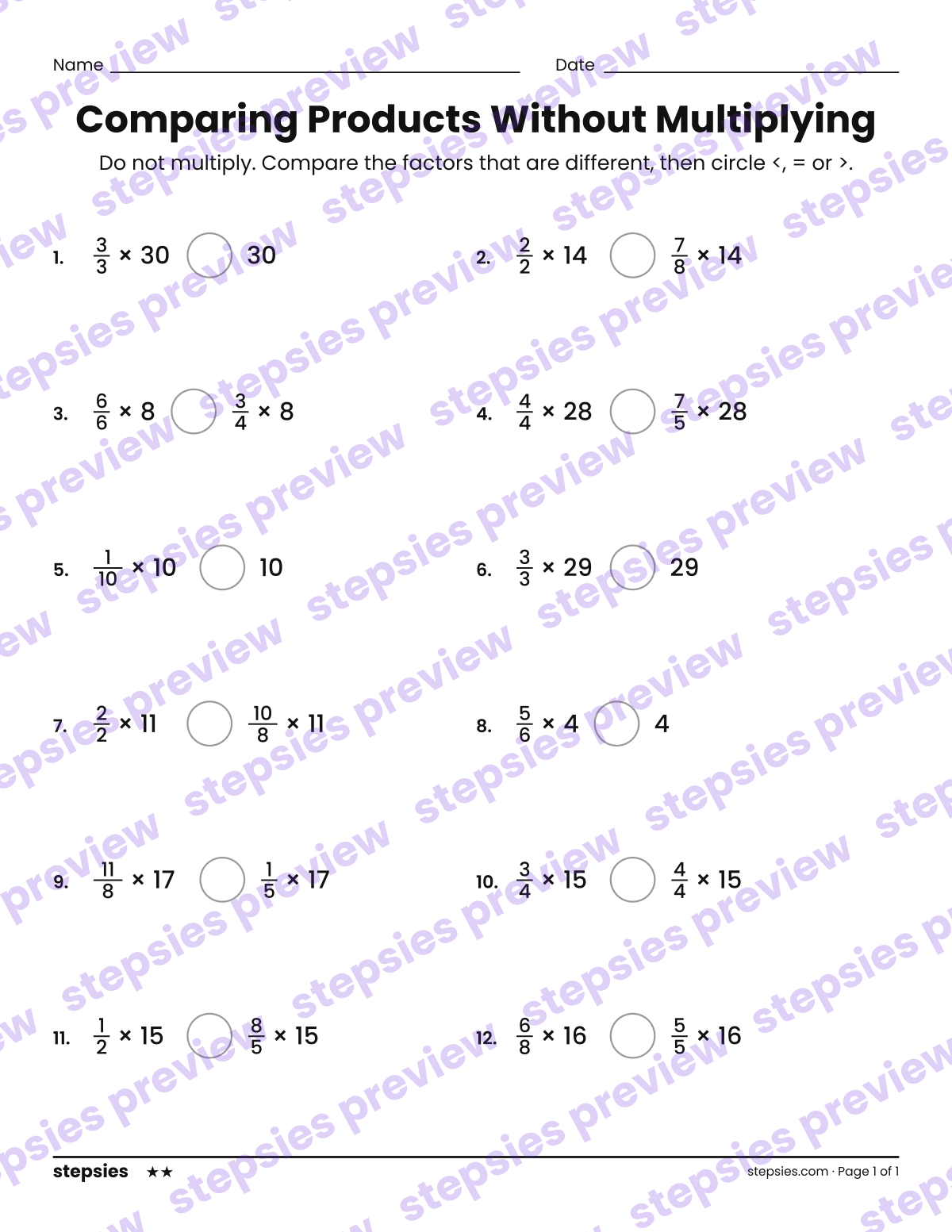 Comparing Products Without Multiplying: page 1 of a printable Grade 5 Math worksheet