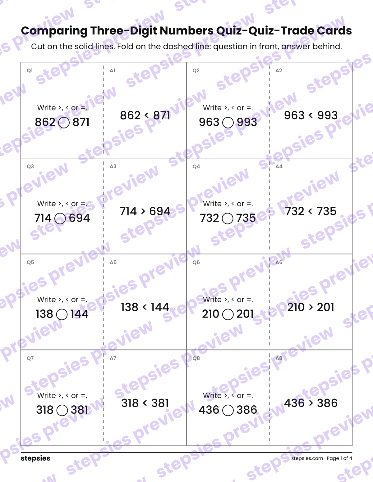 Comparing Three-Digit Numbers: Quiz-Quiz-Trade Cards: page 1 of a printable Grade 2 Math worksheet